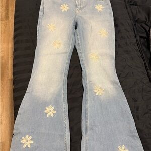 Women's Light Blue Flared Jeans with Floral Embroidery